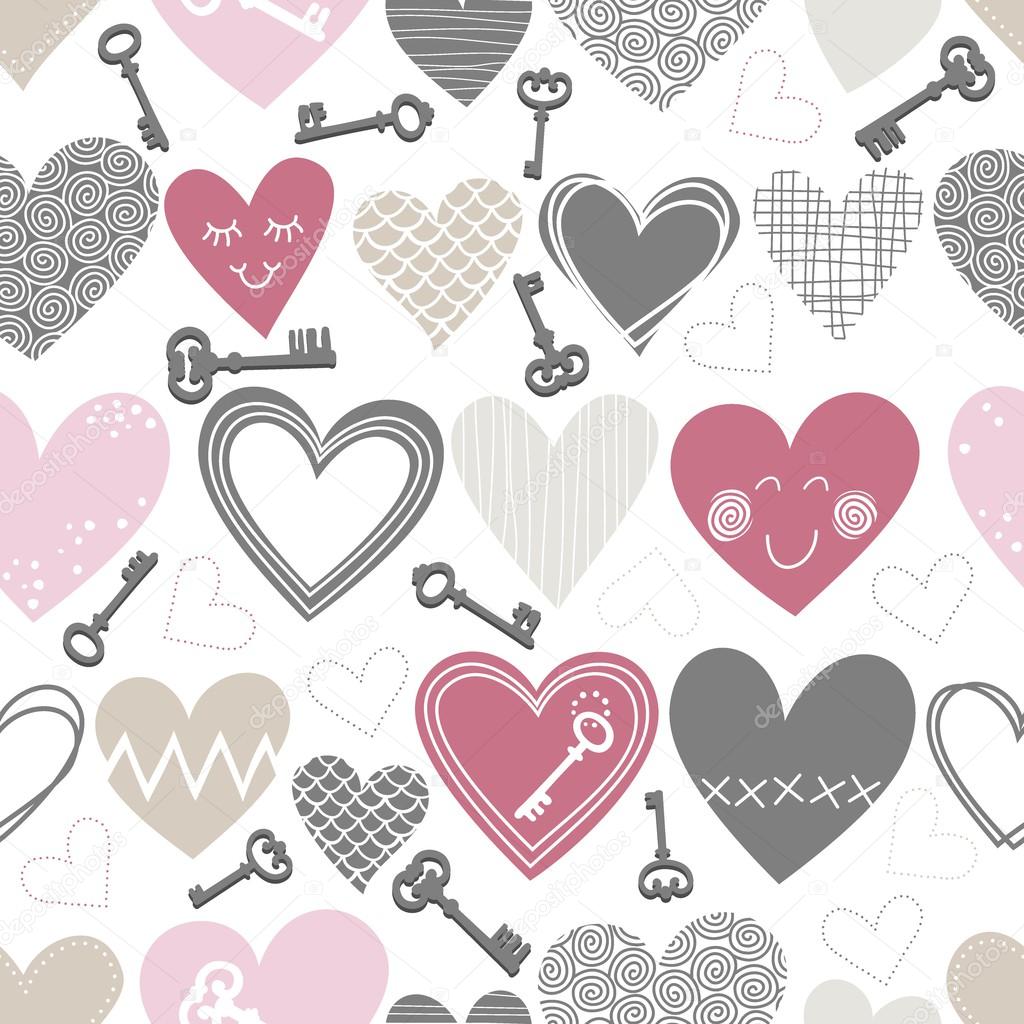 Beautiful colorful different shaped hearts and vintage keys on white background Valentines Day lovely romantic marriage engagement seamless pattern