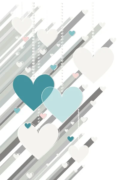 Schöne grau blau rosa hängende Herzen mit grauen Schatten valentines Tag romantische zarte bunte Einladung Hochzeit Datum Karte Herzstück isoliert auf weißem Hintergrund — Stockvektor