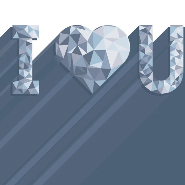 Je t'aime texte avec signe de coeur et ombre cristal bleu éléments en forme de diamant isolé sur fond blanc — Image vectorielle
