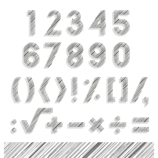 Segno piatto foderato monocromatico e simbolo set delicati numeri fantasia ed elementi matematici con ombra isolata su sfondo bianco — Vettoriale Stock