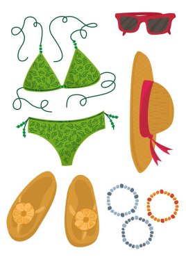 Bikini hut güneş gözlüğü bilezik flip flop'lar yaz kıyafeti illüstrasyon elemanları izole üzerinde beyaz arka plan ayarlamak