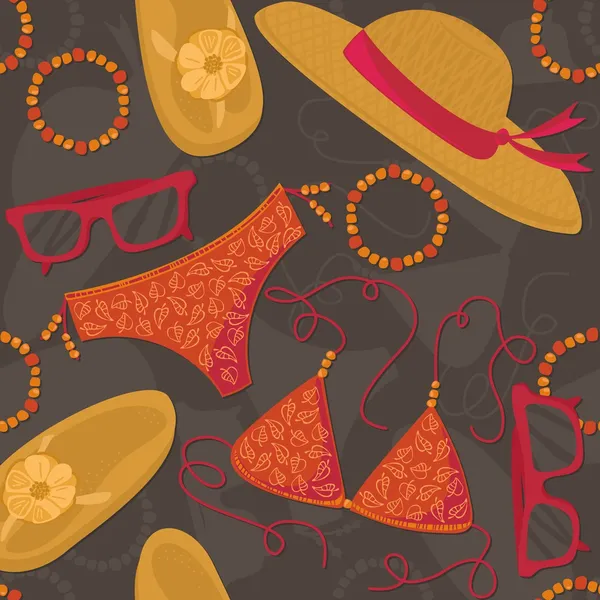 Bikini cabaña gafas de sol pulseras chanclas traje de verano elementos de ilustración sobre fondo oscuro patrón sin costuras — Vector de stock