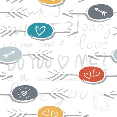 Colorful hand drawn arrow shaped labels isolated on white background with love signs seamless pattern on love sentences clipart