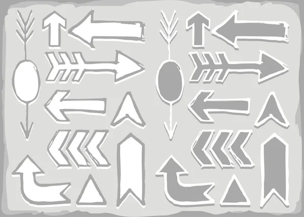 Monochrome Hand gezeichnet unterschiedlich geformten Pfeil gesetzt isoliert auf grauem Hintergrund — Stockvektor