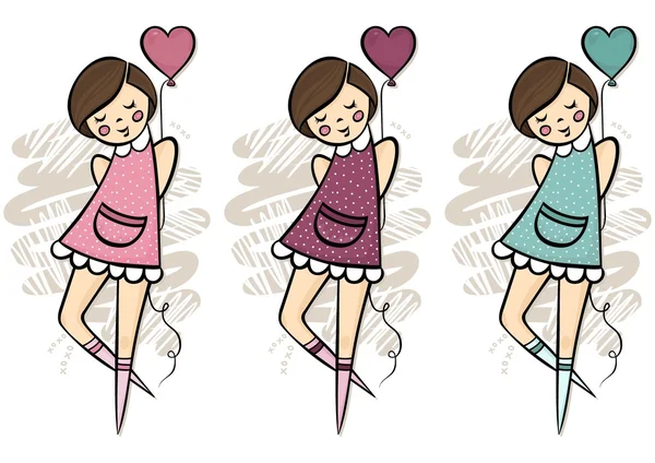 Bambina con un palloncino a forma di cuore sul retro posa amore romantico San Valentino carta illustrazione centrotavola colorato set isolato su sfondo bianco — Vettoriale Stock