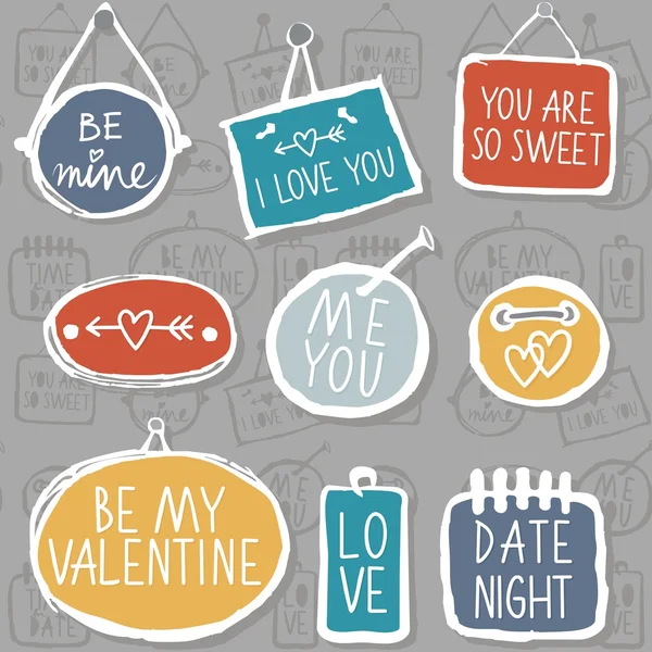 Colorful hand drawn different shaped label set isolated on gray background with love messages love romantic wedding valentines day seamless pattern — Stock vektor