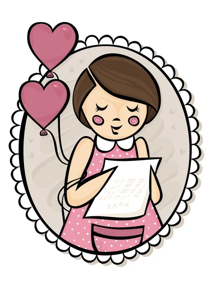 Little girl reading a letter with a heart shaped balloons in a frame love romantic Valentine's Day card illustration centerpiece isolated on white background — Stock Vector