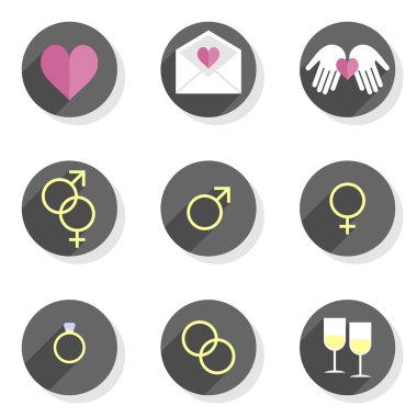 mektup mesaj kalp cinsiyet evlilik şampanya Sevgililer günü kutlama yuvarlak beyaz zemin üzerine izole gri düz modern Icon set duygu aşk