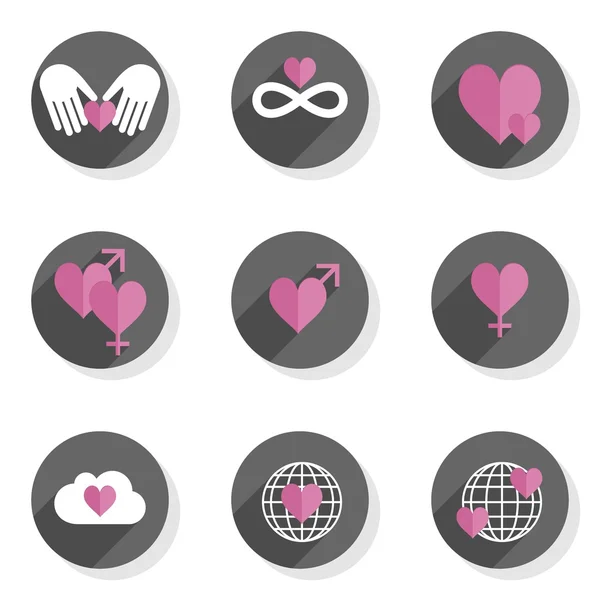 Amour sentiments mains coeur genre monde Valentine's Day célébration ronde grise plat icône moderne mis isolé sur fond blanc — Image vectorielle