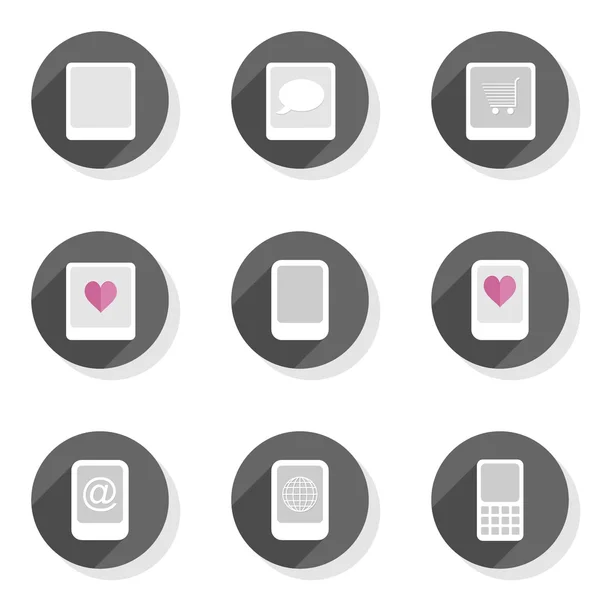 Telefono cellulare tecnologia messaggio cuore rotondo grigio piatto icona moderna impostato isolato su sfondo bianco — Vettoriale Stock