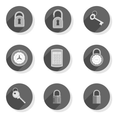 asma kilit tuş kilidi kodu korumak beyaz zemin üzerine izole güvenli kapalı yuvarlak gri düz modern Icon set