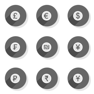 farklı para birimi simgesi yuvarlak beyaz zemin üzerine izole gri düz modern Icon set