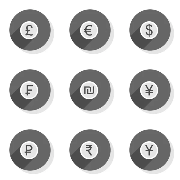 Different currency symbol round gray flat modern icon set isolated on white background — Stock Vector