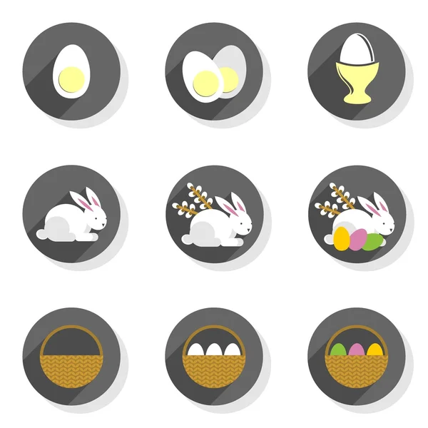 Flat modern colorful eggs rabbits willow twigs basket Easter spring seasonal icon set isolated on white background — Stock Vector
