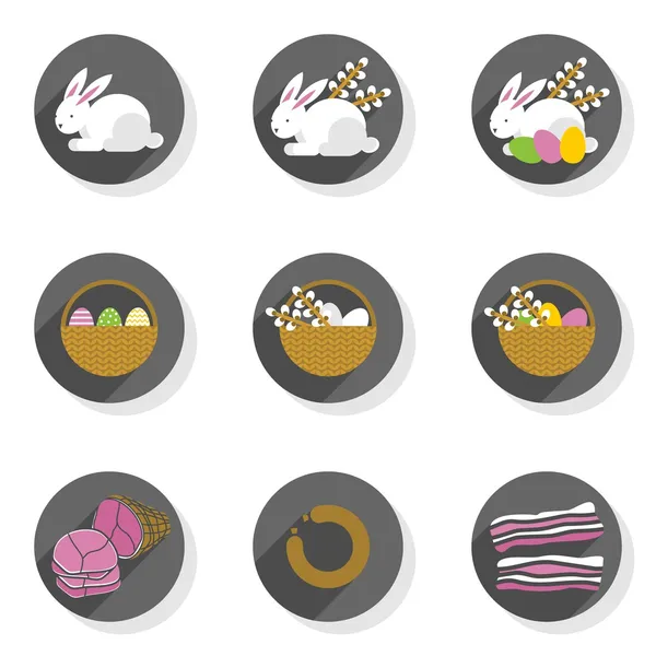 Flat modern colorful eggs rabbits willow twigs basket ham sausage bacon Easter spring seasonal icon set isolated on white background — Stock Vector