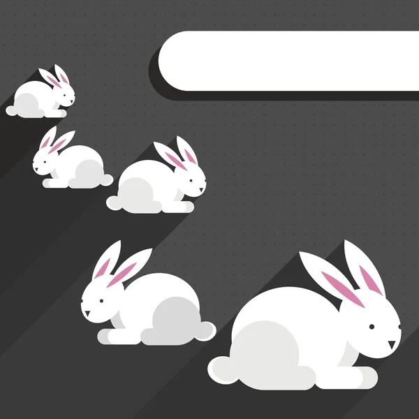 Pequeños conejos blancos Pascua primavera temporada plana moderna tarjeta de vacaciones con etiqueta blanca en blanco con lugar para su texto sobre fondo lunares oscuros — Archivo Imágenes Vectoriales