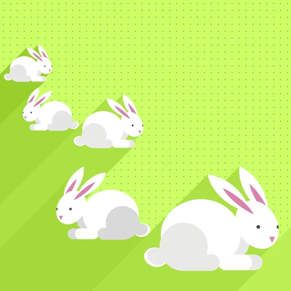 Kleine witte konijnen Pasen voorjaar seizoensgebonden plat moderne Kerstkaart met lege whitelabel met plaats voor uw tekst op de achtergrond licht groene polka dots — Stockvector