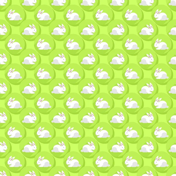 Pequeños conejos blancos en puntos verdes en filas regulares Primavera de Pascua patrón plano moderno sin costuras sobre fondo de primavera claro — Archivo Imágenes Vectoriales