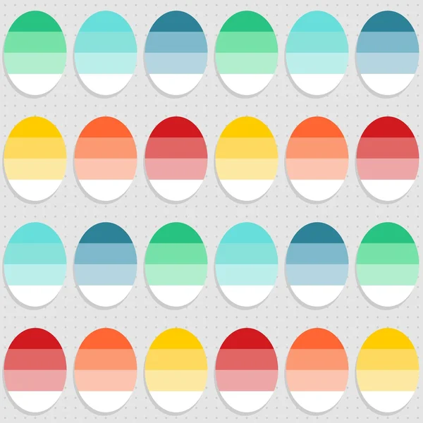 Flat colorful dyed eggs spring Easter time on gray dotted background seasonal holiday seamless pattern — Stock Vector