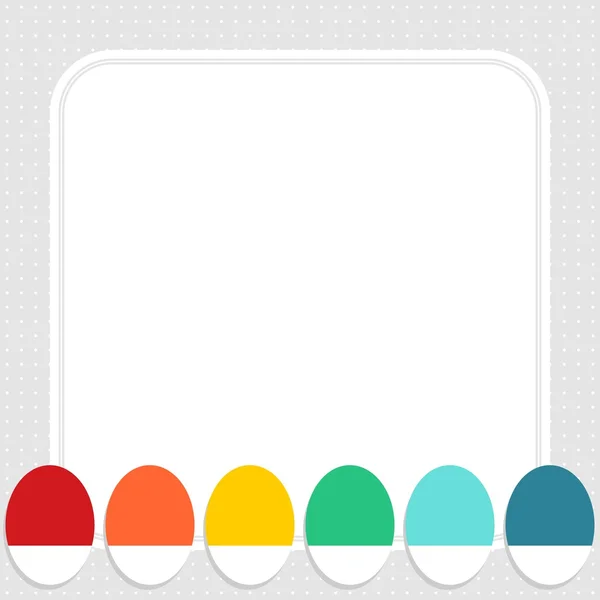 Huevos planos coloridos primavera Pascua tiempo tarjeta de felicitación centro de mesa con marco blanco en blanco aislado sobre fondo punteado gris ilustración estacional — Vector de stock