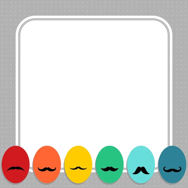 Huevos planos de colores con bigotes primavera Pascua tarjeta de felicitación centro de mesa con marco blanco en blanco aislado sobre fondo punteado gris ilustración estacional — Vector de stock