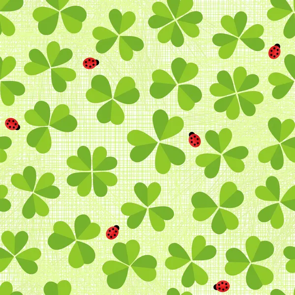 Green clover meadow with little ladybirds shamrock St Patrick Day holiday spring seamless pattern on light green background — Stock Vector