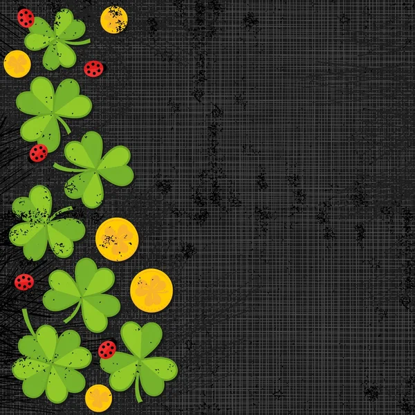 绿色三叶草草甸小瓢虫与金色硬币三叶草圣帕特里克日假期春季无缝垂直边界在黑暗的灰色背景 — 图库矢量图片