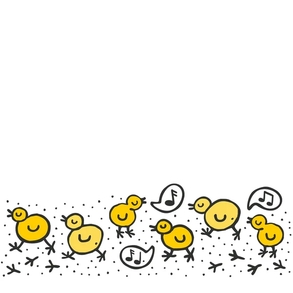 Pequenas galinhas amarelas sem costura borda inferior no fundo branco Páscoa primavera feriado ilustração — Vetor de Stock