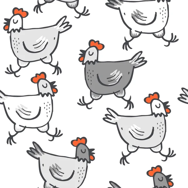 White gray hens run animals wildlife seamless pattern on white background — Stock Vector