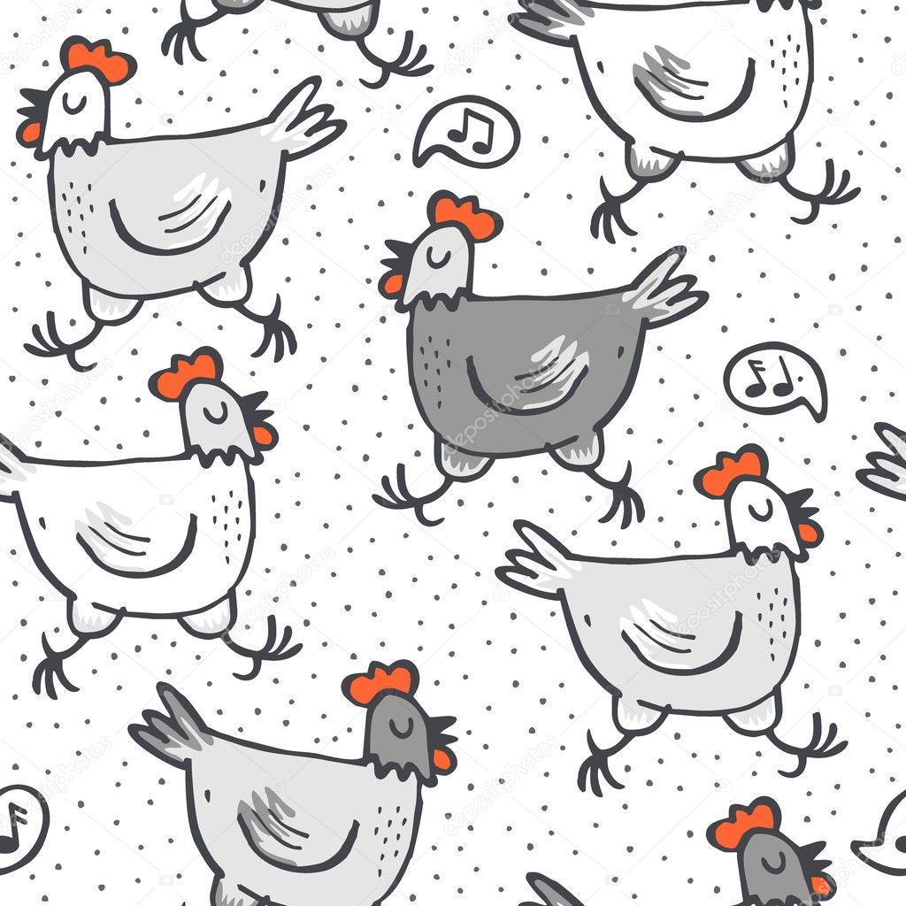 White gray singing hens run animals wildlife seamless pattern on white dotted background