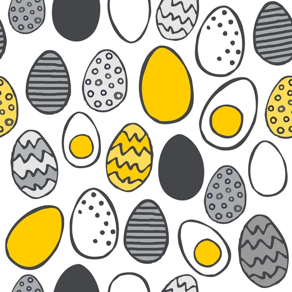 Oeufs peints à la main jaune gris Pâques illustration printemps vacances motif sans couture sur fond blanc — Image vectorielle