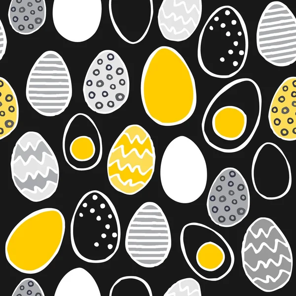 Oeufs peints à la main jaune gris Pâques illustration printemps vacances motif sans couture sur fond sombre — Image vectorielle