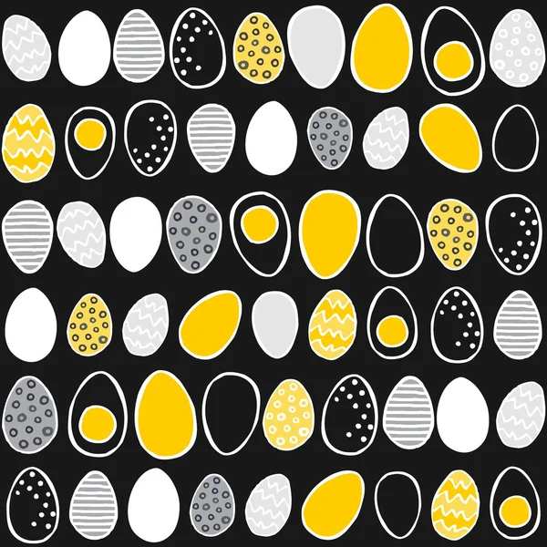 Oeufs peints à la main en rangées jaune gris Pâques illustration printemps vacances motif sans couture sur fond sombre — Image vectorielle