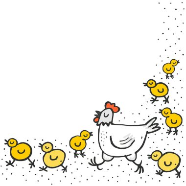 Annem beyaz tavuk ile küçük sarı tavuk beyaz noktalı arka planda metniniz için boş yer ile tatil easter illüstrasyon bahar