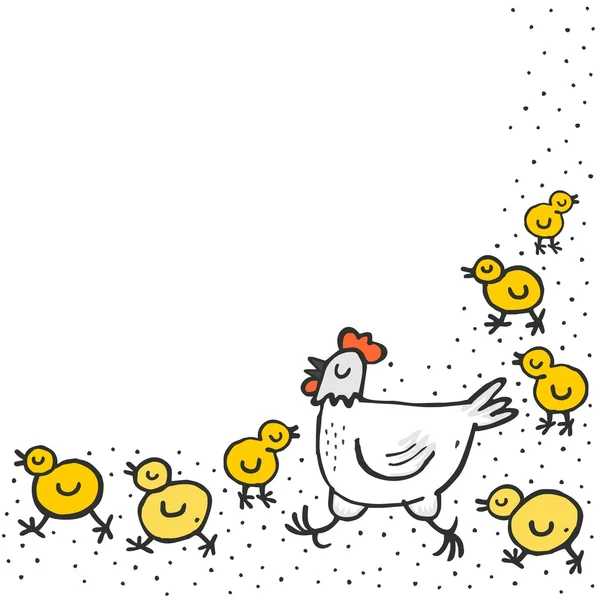 Pollitos amarillos con mamá gallina blanca vacaciones de primavera Ilustración de Pascua sobre fondo punteado blanco con lugar en blanco para su texto — Archivo Imágenes Vectoriales