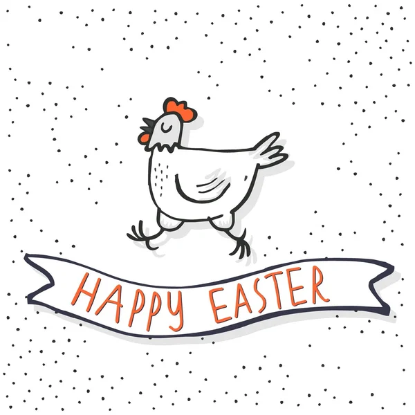 Feliz feriado de primavera de galinha branca Ilustração de tempo de Páscoa com banner com desejos em fundo pontilhado branco —  Vetores de Stock