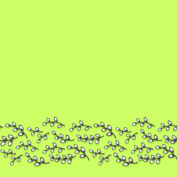 Fluffiga pilgrenar våren påsk semester stökigt monokrom sömlös nedre kantlinje på ljusgrön bakgrund med tomt rum för din text — Stock vektor