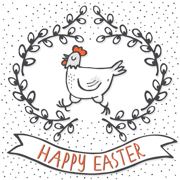 White hen in willow wreath spring holiday Easter centerpiece illustration with flag banner with wishes in English on white dotted background — Stock Vector