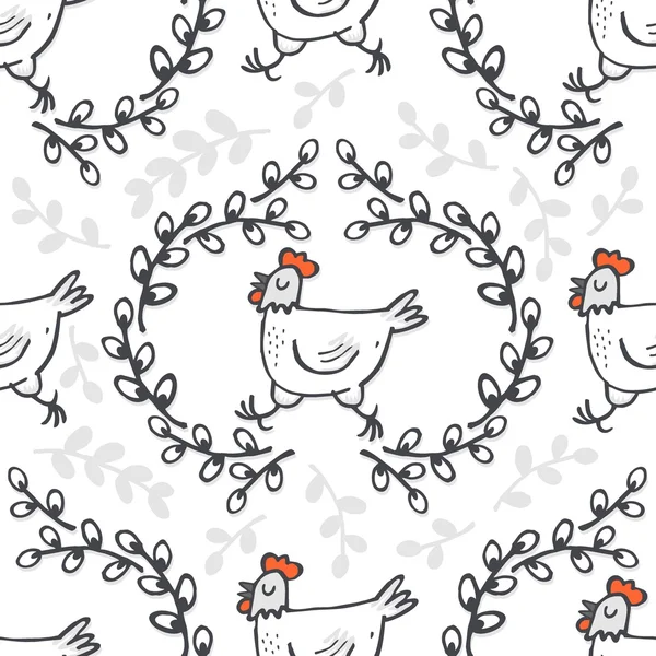 Weiße Henne in Weidenkranz Frühling Urlaub Ostern Illustration auf weißem Hintergrund saisonale Tier nahtlose Muster — Stockvektor