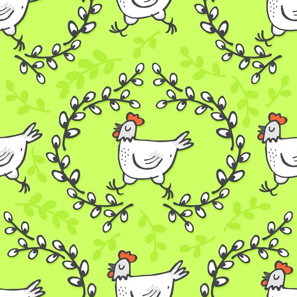 White hen in willow wreath spring holiday Easter illustration on green background seasonal animal seamless pattern