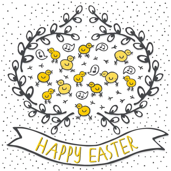 Yellow little chickens in willow wreath spring holiday Easter centerpiece illustration with flag banner with wishes in English on white dotted background — Stock Vector