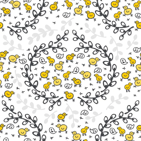 Frangos pequenos amarelos em férias de primavera de grinalda de salgueiro ilustração de Páscoa em fundo branco padrão sem costura animal sazonal — Vetor de Stock