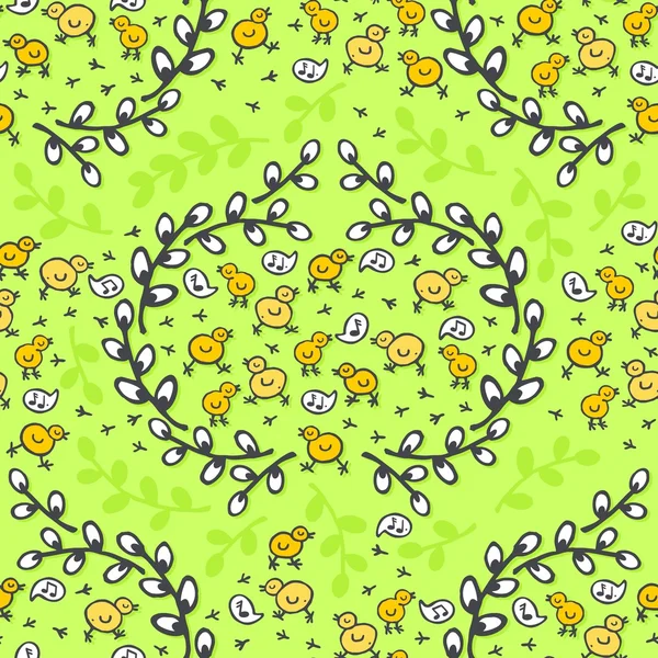 Frangos pequenos amarelos em férias de primavera de grinalda de salgueiro ilustração de Páscoa em fundo verde padrão sem costura animal sazonal — Vetor de Stock