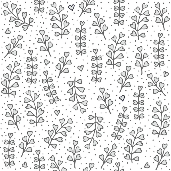 Monochrome gris et blanc petites feuilles en forme de coeur et les coeurs désordre naturel floral main dessinée éléments d'illustration sur fond blanc pointillé motif sans couture — Image vectorielle