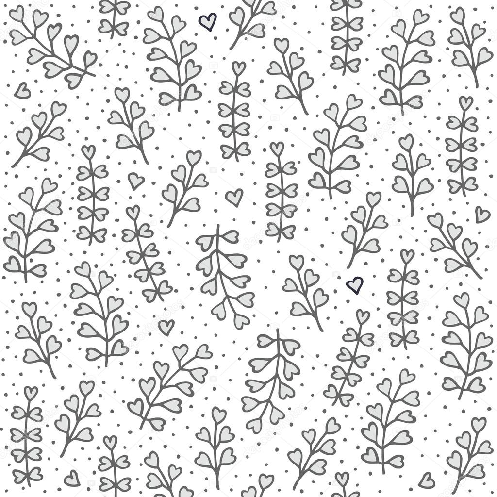 Monochrome gray and white little heart shaped leaves and hearts messy natural floral hand drawn illustration elements on white dotted background seamless pattern