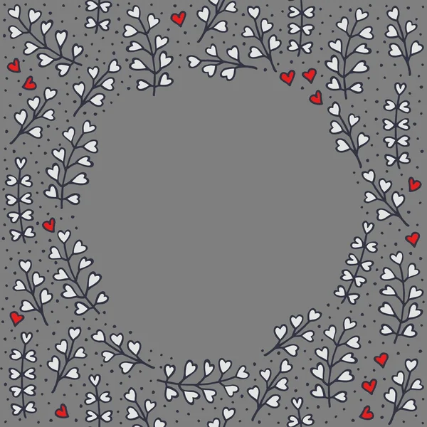 Colorido gris rojo blanco pequeño corazón en forma de hojas y corazones desordenado natural floral dibujado a mano elementos de ilustración sobre fondo punteado gris con lugar central en blanco para su tarjeta de felicitación de texto — Vector de stock