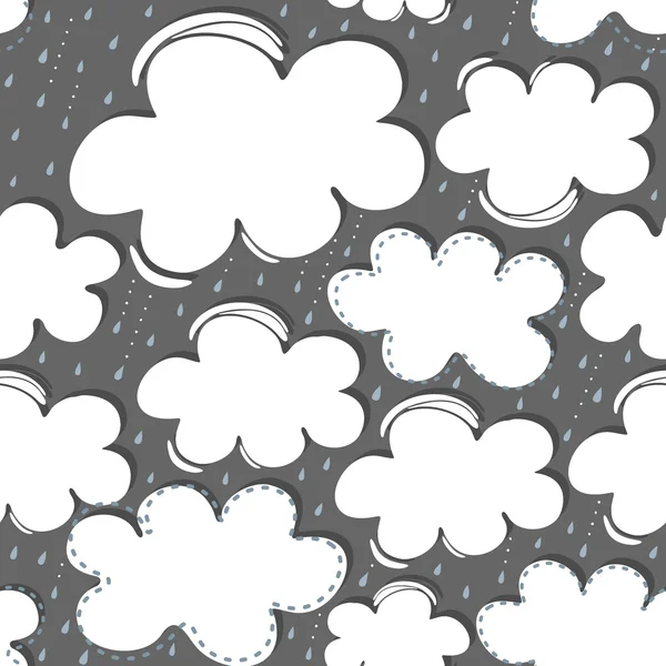 Jour d'été de printemps pluvieux avec des nuages blancs délicats salissants et des gouttes de pluie sur un beau ciel nature motif saisonnier sans couture sur fond gris — Image vectorielle