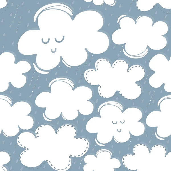 Rainy spring summer day with messy delicate white clouds and raindrops on beautiful sky nature seasonal seamless pattern on blue background — Stock Vector