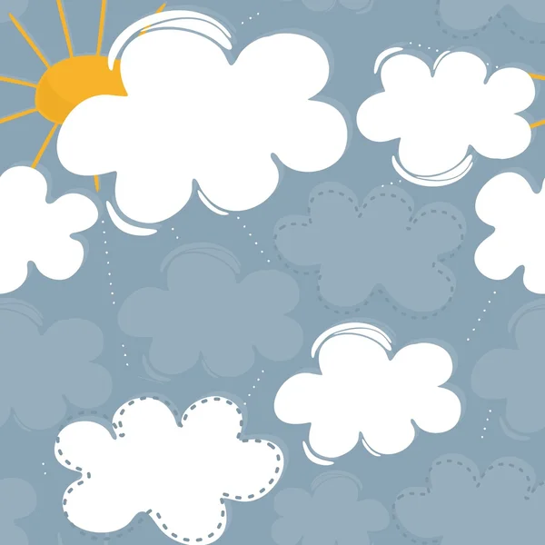 Journée ensoleillée de printemps d'été avec des nuages blancs et bleus délicats salissants et soleil jaune sur un beau ciel nature motif saisonnier sans couture sur fond bleu — Image vectorielle