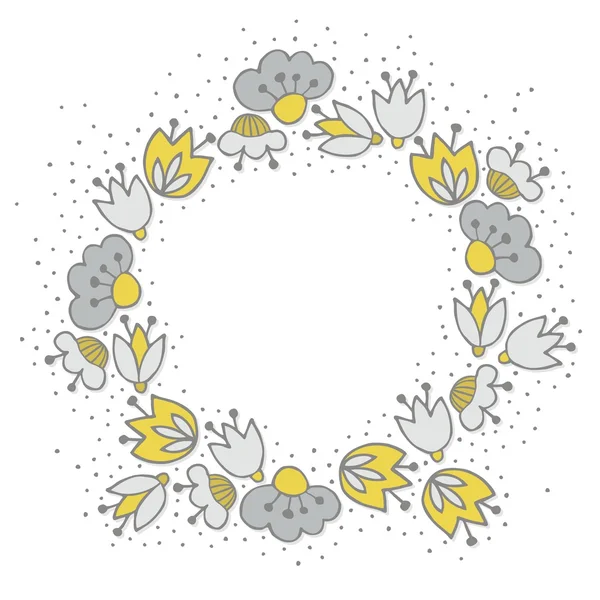 Messy different colorful yellow gray flowers in round wreath on white background with little dots retro botanical centerpiece illustration with place for your text — Stock Vector
